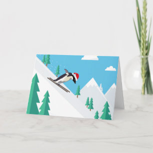 Funny God jul Skiing Penguin i Santa Hat Kort