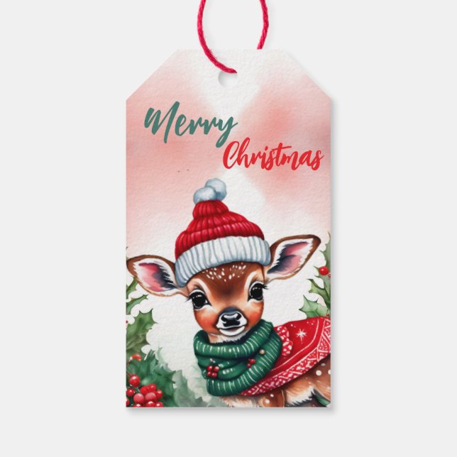 Funny God jul Wandeand Cute Fawn Hjort Santa Presentetikett (Baksidan)