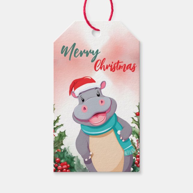 Funny God jul Wandeand Cute HIPPO Tomo Presentetikett (Framsidan)