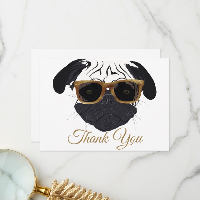 Funny Golden Glasses Pug Hund Illustration Tack Kort (Fram/Back In Situ)