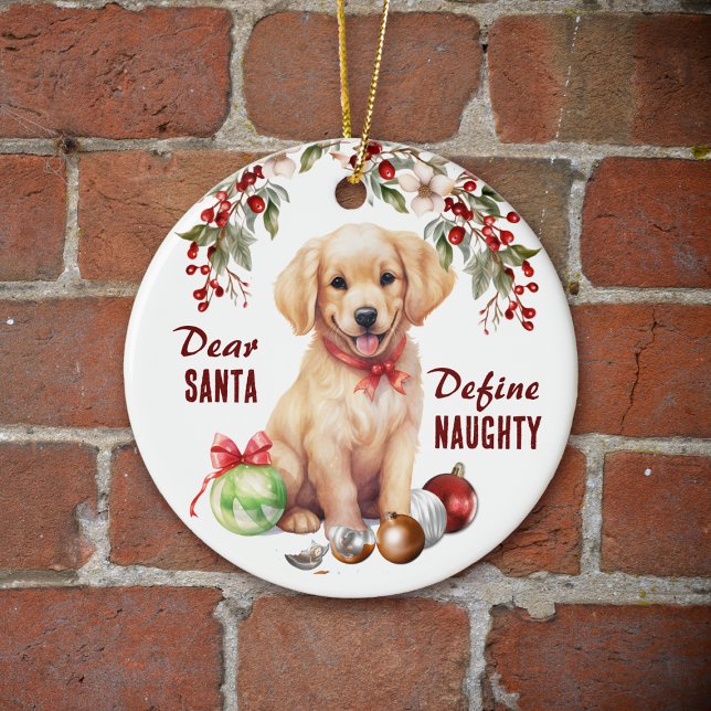 Funny Golden Retriever Valp Define Naughty Helgdag Julgransprydnad Keramik (Skapare uppladdad)