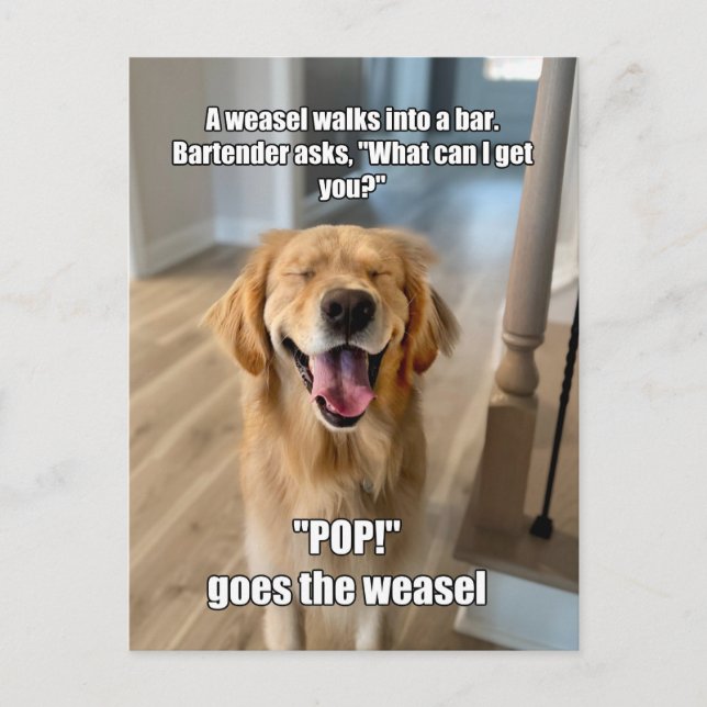 Funny Golden Retriever Weasel Bartender Joke Meme Vykort (Framsida)