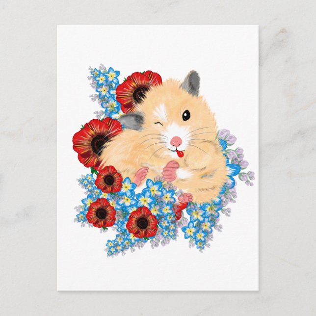 Funny Golden Syrian hamster sitta i blommor Vykort (Framsida)