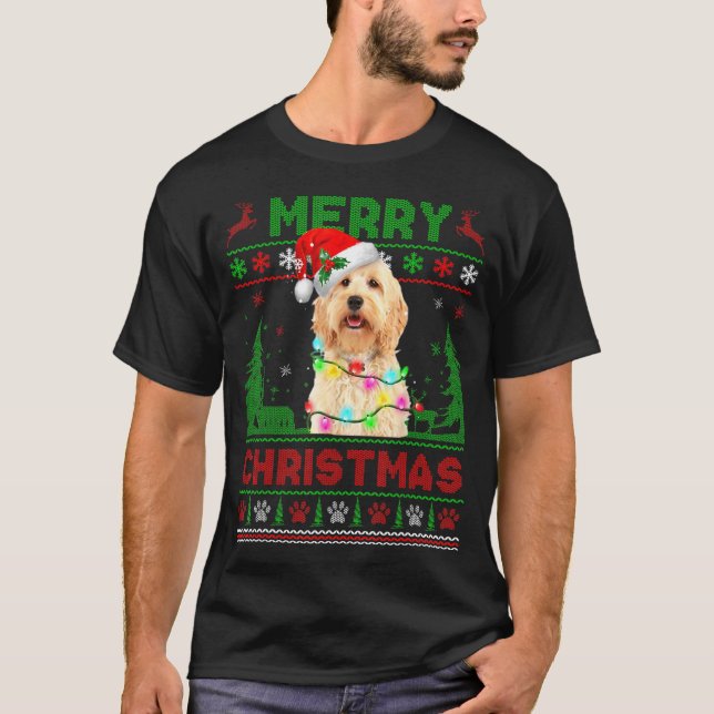 Funny Goldendoodle Hund Träd jul Ljus Julafton T Shirt (Framsida)