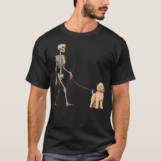 Funny Goldendoodle Skeleton Dog Walking Halloween  T Shirt (Framsida)