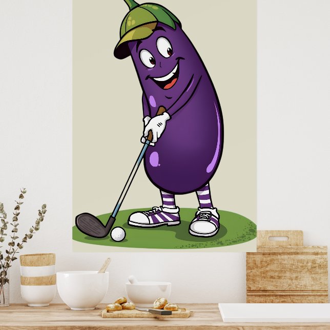 Funny Golf Eggplant Character: Cartoon Golfer Vege Poster (Kök)