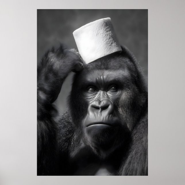 Funny Gorilla Bathroom Art Print, Toilet Paper Hat Poster (Framsidan)
