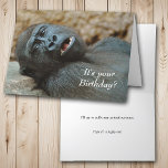 Funny Gorilla Birthday Kort<br><div class="desc">En stor svart gorilla skriver ut mot ett sten med en förbluffad blick på hans ansikte på framsidan av detta roliga födelsedagskort. Texten i vitt säger "Det är din födelsedag?". Insidan säger "Jag försöker kväva alla primära skrik" och sedan i mindre kursiverad text: "Hoppas att det är en lycklig!" All...</div>