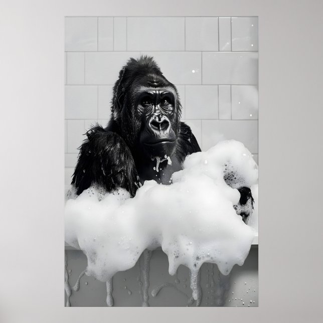 Funny Gorilla Bubble Bath Print, Bathroom Animal Poster (Framsidan)