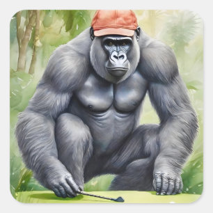 Funny Gorilla i Red Baseball Cap-uppspelningen Gol Fyrkantigt Klistermärke