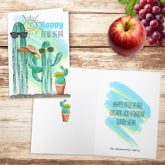 Funny Gott nytt år Southwest Saguaro Cactus Helgkort (greeting card template front cover and inside)