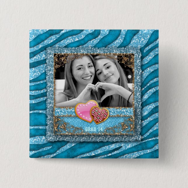 Funny Grad Studenten Zebra Glitter Photo Hearts Knapp (Framsida)