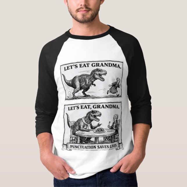 Funny Grammar T-Shirt – “Let’s Eat, Grandma” (Framsida)