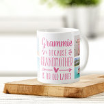 Funny Grammie Grandchildren Namn & Photo Collage Kaffemugg<br><div class="desc">En perfekt gåva till en mormor som hatar att kallas mormor, denna söta och roliga Grammie mugg har ordspråket "Grammie - eftersom mormor är för gammalt dam" i ett kollage av fem bilder av hennes barnbarn. Anpassa med ett meddelande om anpassningsbar, barnbarn namn och/eller året på en rosa ruta för...</div>
