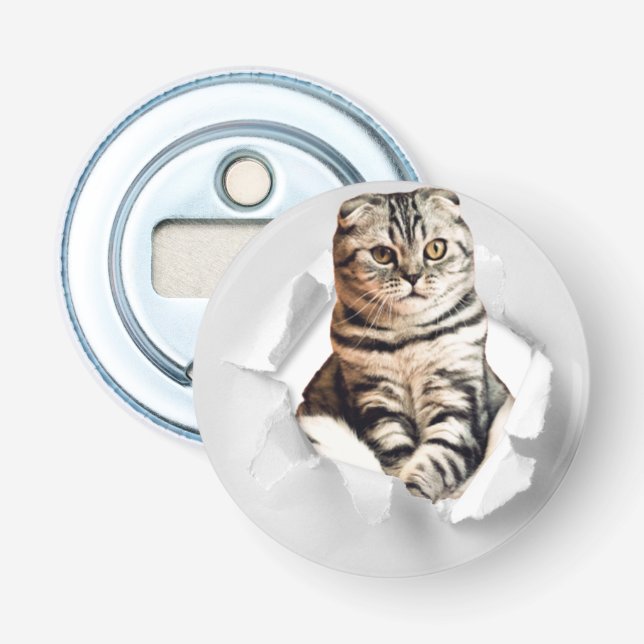 Funny Grått Cat Popping thru Torn Papper Illusion Flasköppnare (Framsidan)