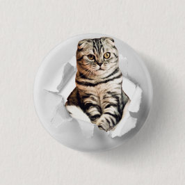Funny Grått Cat Popping thru Torn Papper Illusion Knapp