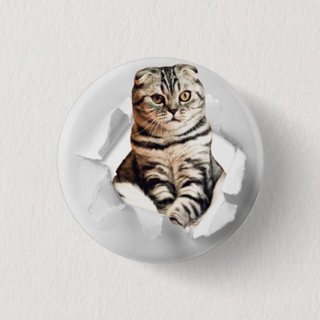 Funny Grått Cat Popping thru Torn Papper Illusion Knapp (Framsida)