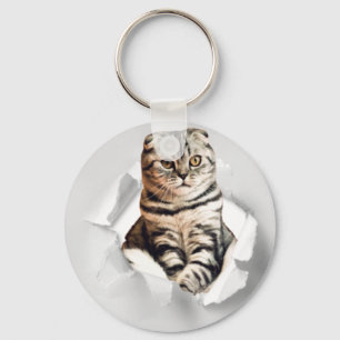 Funny Grått Cat Popping thru Torn Papper Illusion Nyckelring