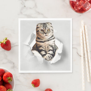 Funny Grått Cat Popping thru Torn Papper Illusion Pappersservett