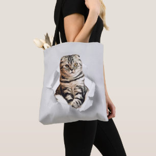 Funny Grått Cat Popping thru Torn Papper Illusion Tygkasse