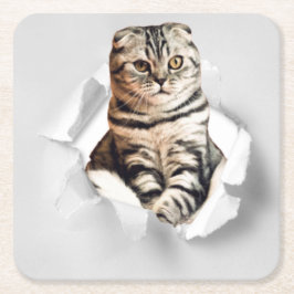 Funny Grått Cat Popping thru Torn Papper Illusion Underlägg Papper Kvadrat