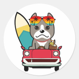 Funny Grått Hund kör till stranden Runt Klistermärke