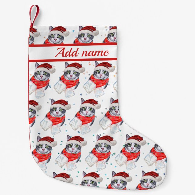 Funny Gray and White Tabby Cat Christmas Liten Julstrumpa (Framsidan)