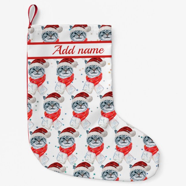 Funny Gray Tabby Cat With Santa Hat Christmas Liten Julstrumpa (Framsidan)