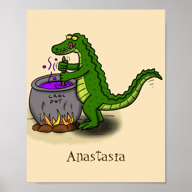 Funny green alligator cooking cartoon poster (Framsidan)