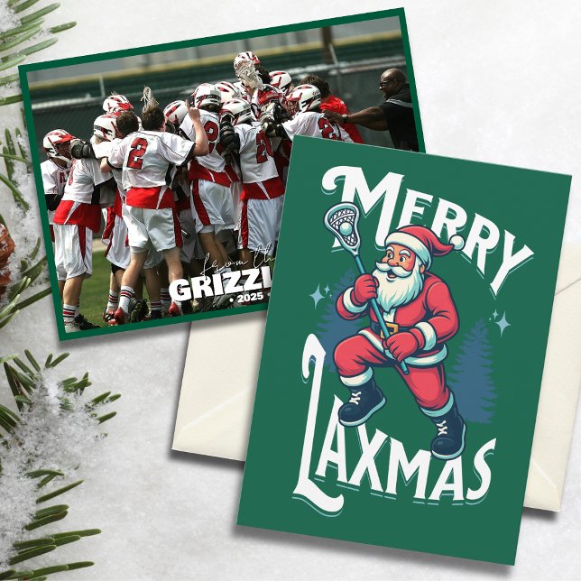 Funny Green Merry Laxmas Lacrosse Team Christmas Julkort (“Merry Laxmas” lacrosse Christmas card with Santa design and team photo on snowy background.)