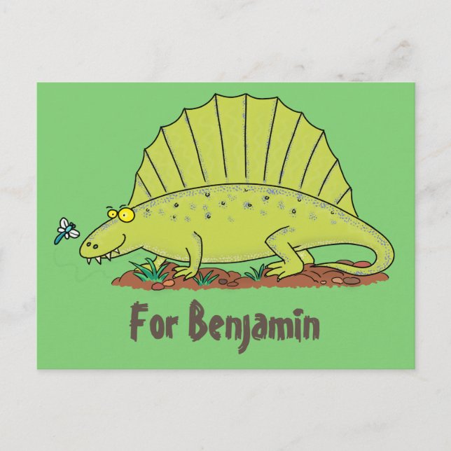 Funny grönt dimetrodon tecknad dinosaur vykort (Framsida)