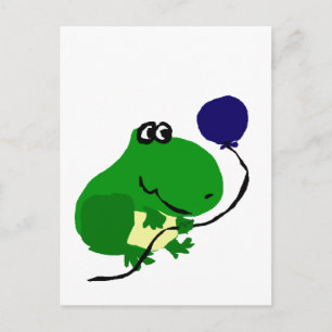 Funny Grönt Frog Holding Blue Birthday Balloon Vykort