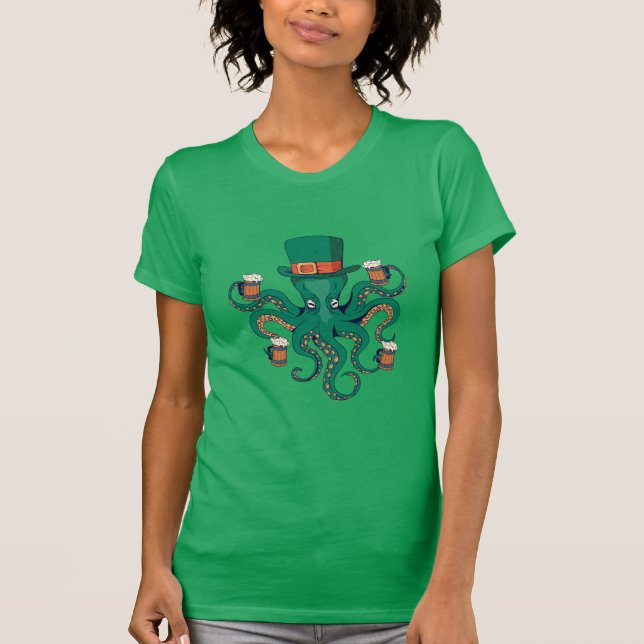 Funny Grönt St. Patricks Octopus Beer T Shirt (Framsida)