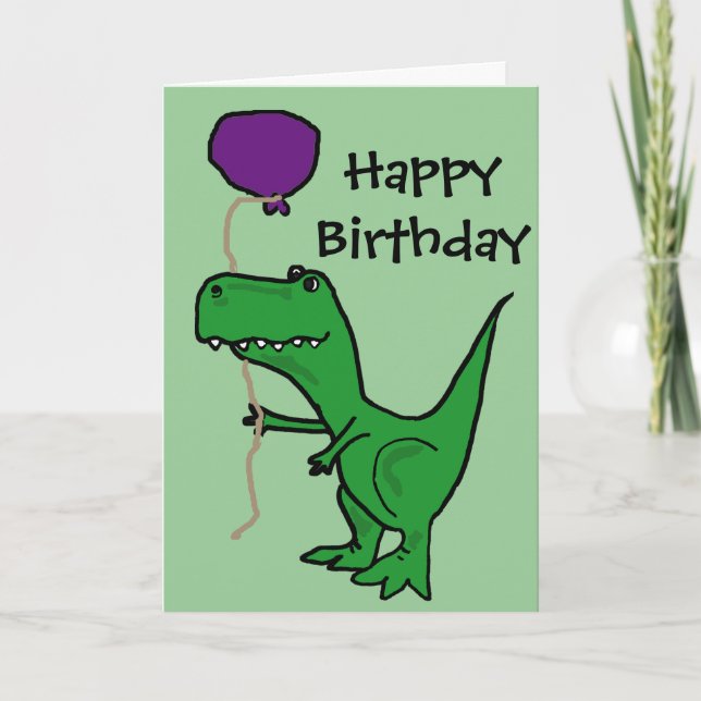 Funny Grönt Trex Dinosaur Holding Balloon Kort (Framsida)