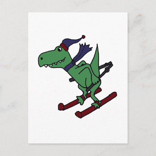Funny Grönt Trex Dinosaur Skiing Vykort (Framsida)