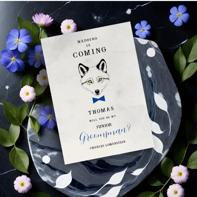 Funny Groomsman Blue Bow Tie Wedding Proposal  Inbjudningar (Junior Groomsman Proposal Card with Blue Bow Tie and Grey Shades Design.)