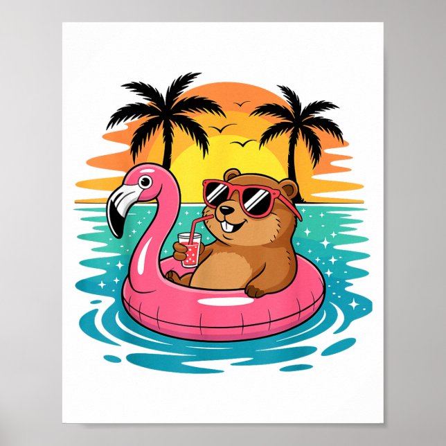 Funny Groundhog Hawaiian Flamingo Float Beach Summ Poster (Framsidan)