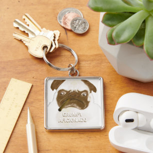 Funny Grumpy AFICIONADO Puggy Cigar Fyrkantig Silverfärgad Nyckelring