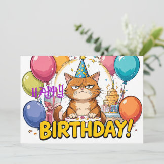 Funny Grumpy Cat Birthday Card – Cartoon Party Hum Kort