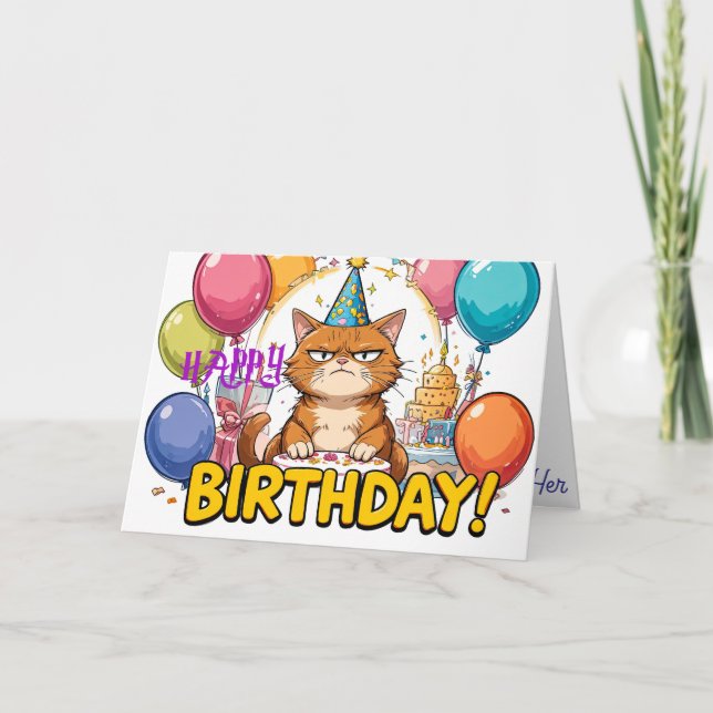 Funny Grumpy Cat Birthday Card - Tecknad Party Hum Kort (Framsida)