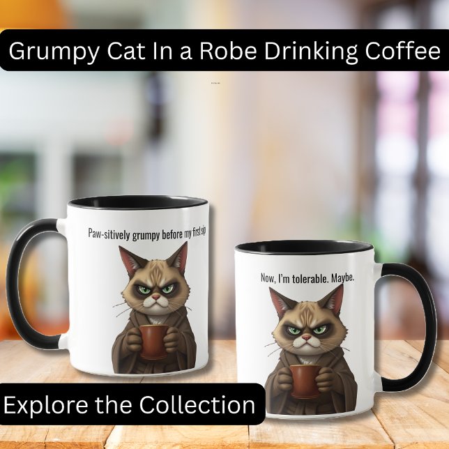 Funny Grumpy Cat i en robe och kaffe Mugg (Funny Grumpy Cat in a Robe with Coffee.  Perfect gifts, Cat lovers, Coffee Lovers)