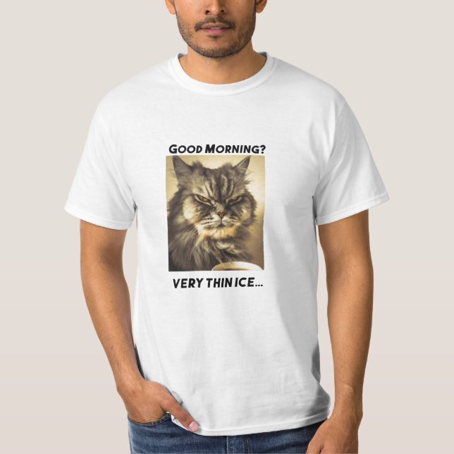Funny Grumpy Cat Morgon Coffee Meme Art T Shirt (Framsida)
