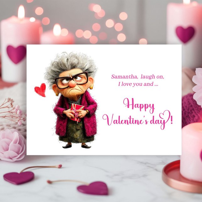 Funny Grumpy Lady In Hot Pink Valentine’s Day Card Julkort (Funny Grumpy Lady In Hot Pink Valentine’s Day Card)
