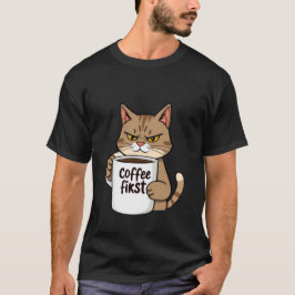 Funny Grumpy Tabby Cat Coffee First Morning ✨🐾☕ T Shirt