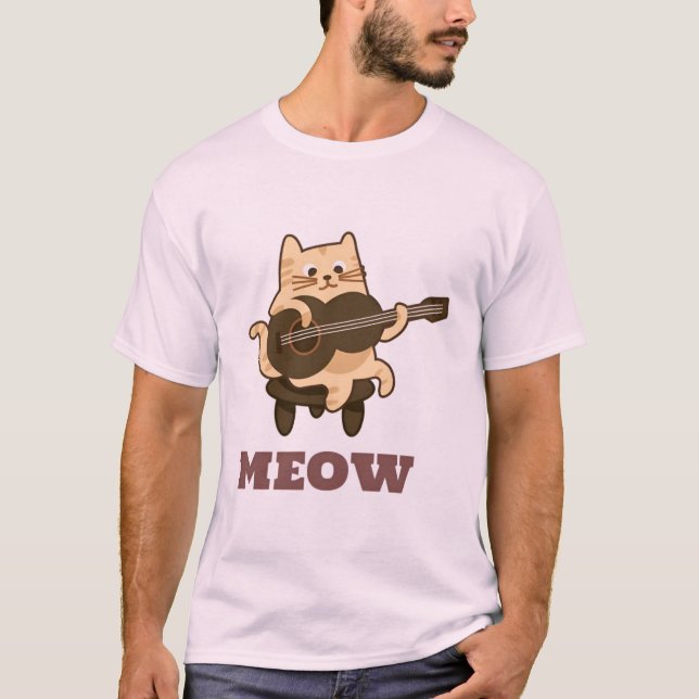Funny Guitar Cat T-Shirt "MEOW" Music Älskare Tee (Framsida)