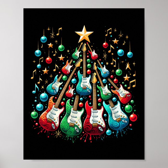 Funny Guitar Santa Hat Julgran Guitar Music Poster (Framsidan)