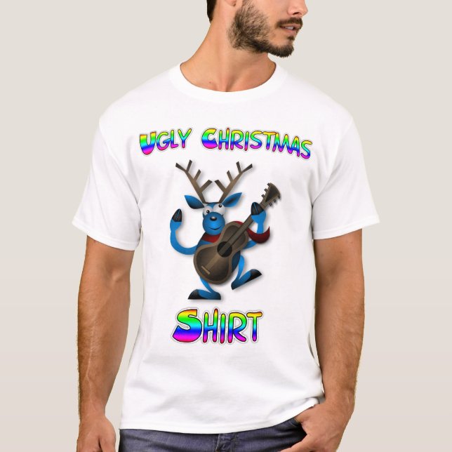 Funny Guitar Spelar upp Reindeer Ugly-julshirt Tee Shirt (Framsida)