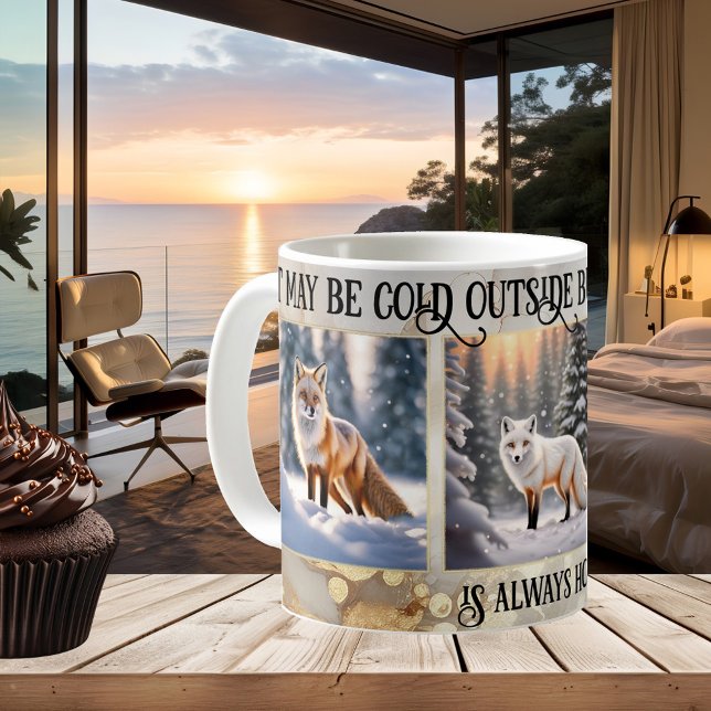 Funny Guld Snö Fox Photo Kaffemugg (Photo mug showing paintings of foxes or your own photos framed by a gold snow artistic design)
