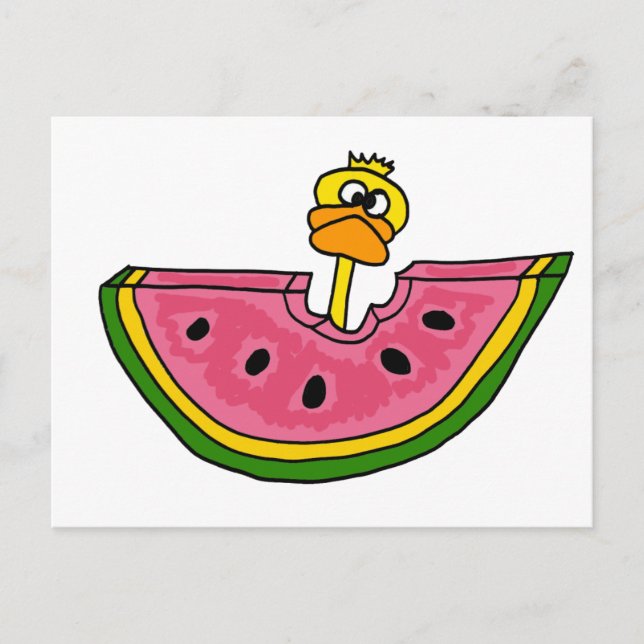 Funny Gult Anka Eating Watermelon Vykort (Framsida)