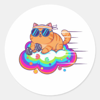 Funny Gym Cat Lifting Dumbbell on Rainbow Cloud Runt Klistermärke